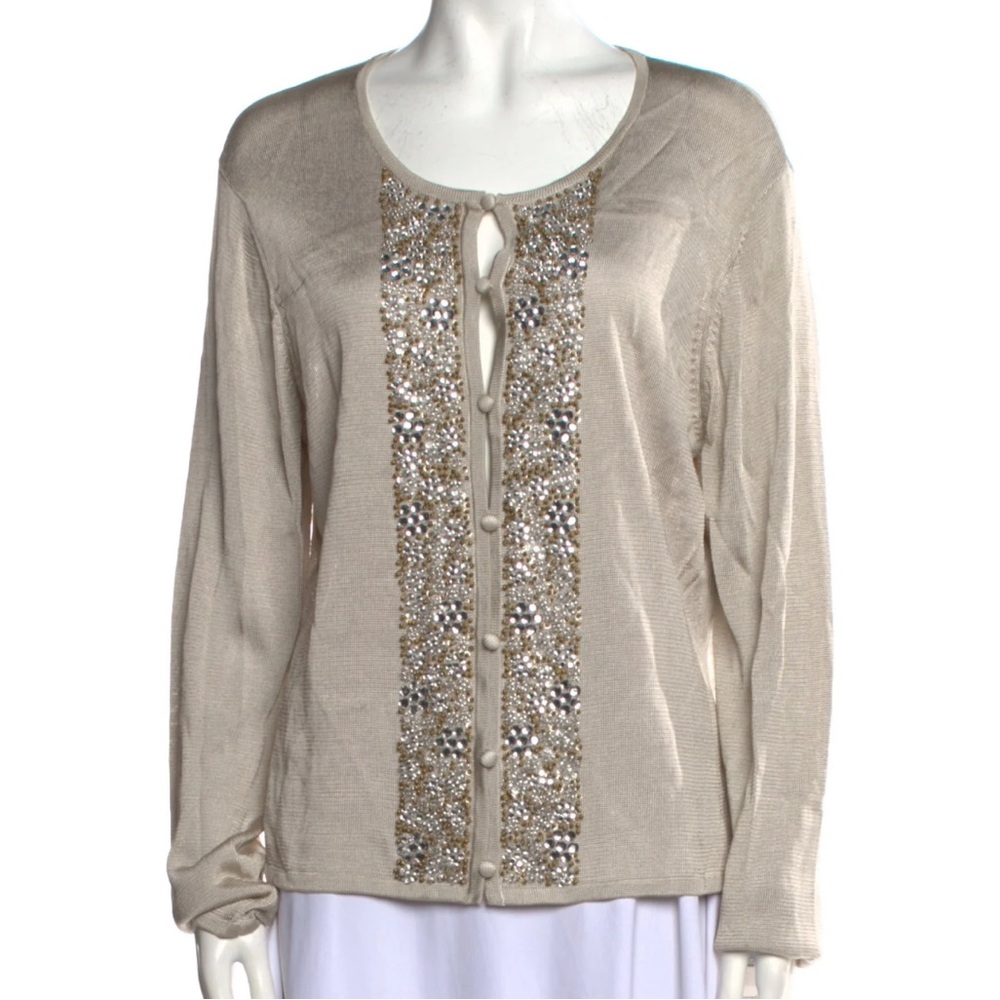 St. John Beige Embellished Front-Button Cardigan